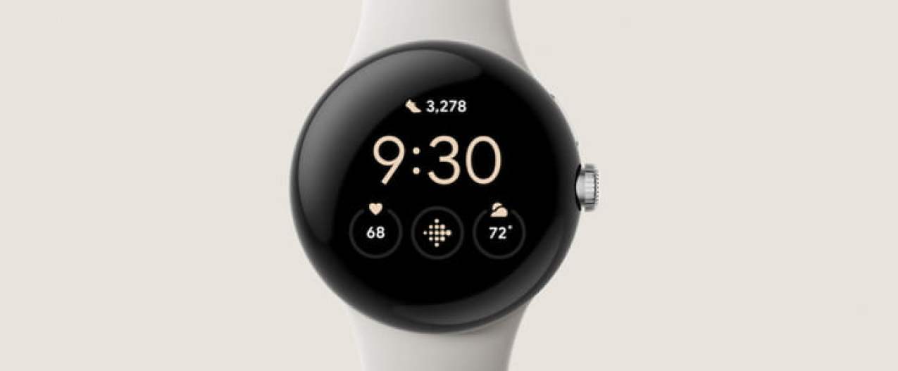 Google Pixel Watch render, showing the screen and a white strap.