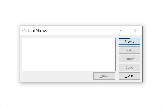 Custom Shows pop-up window in PowerPoint.