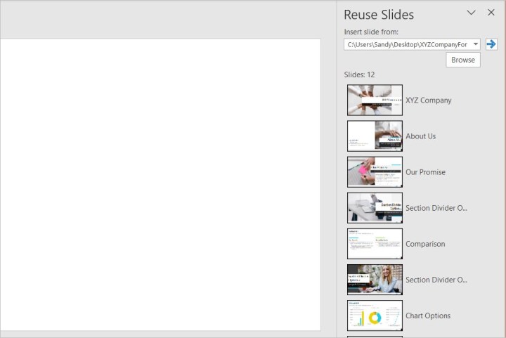 Available slides in the Reuse Slides sidebar.