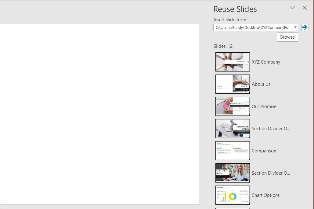 Slides disponíveis na barra lateral Reutilizar Slides.