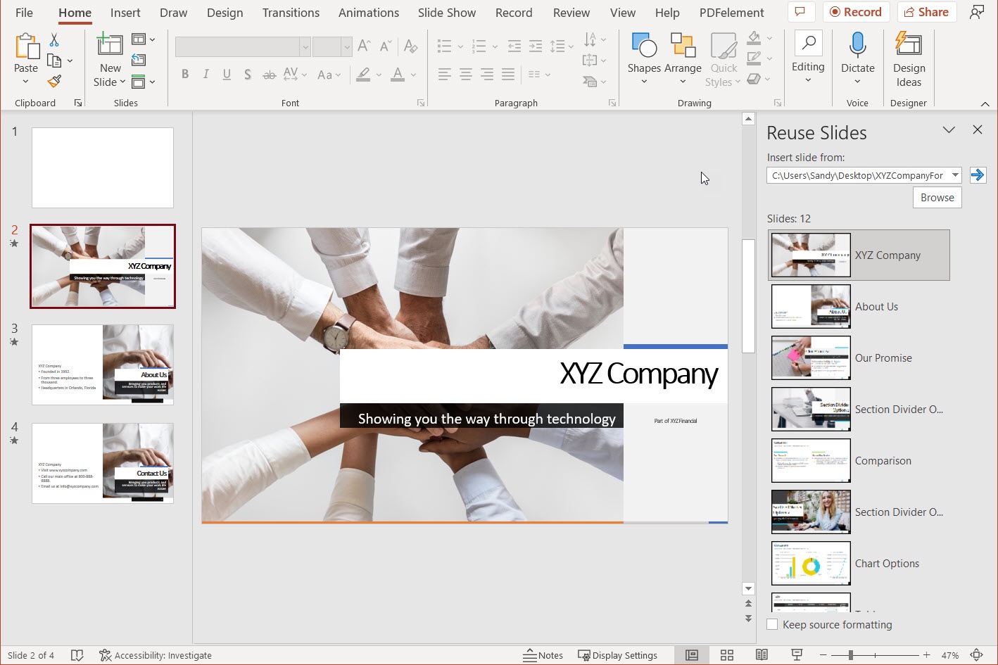 Slides selecionados para reutilizar a exibição no PowerPoint.