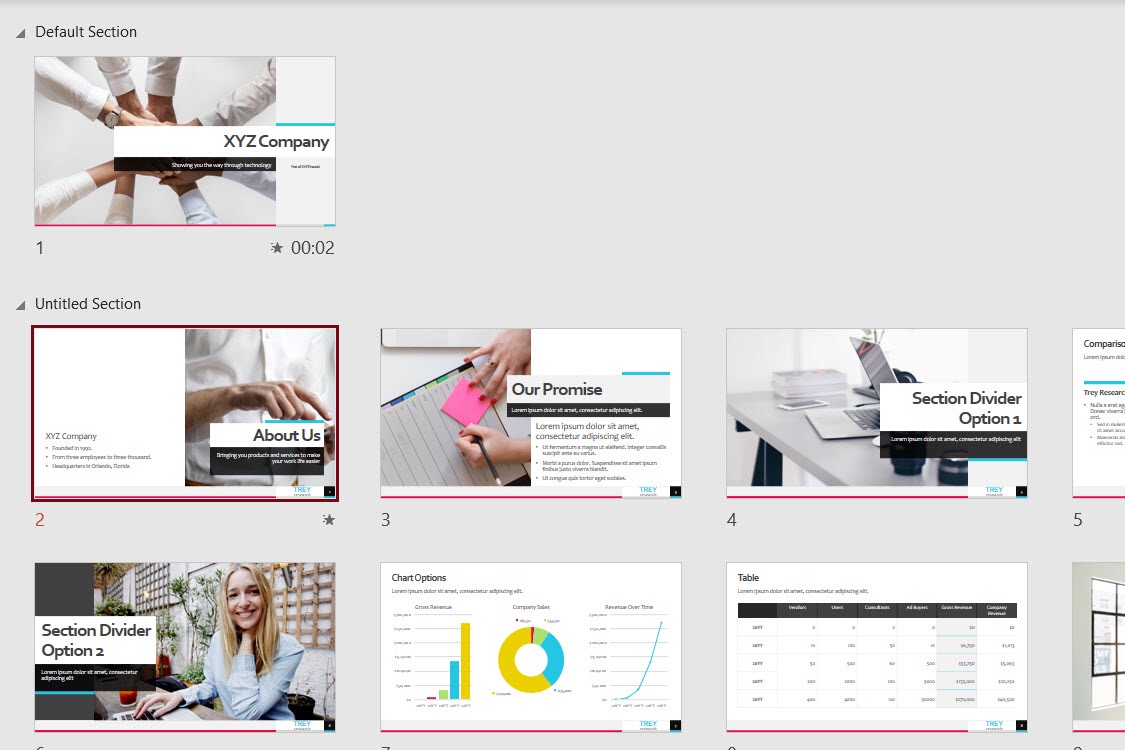 Seções expandidas em uma apresentação de slides do PowerPoint.
