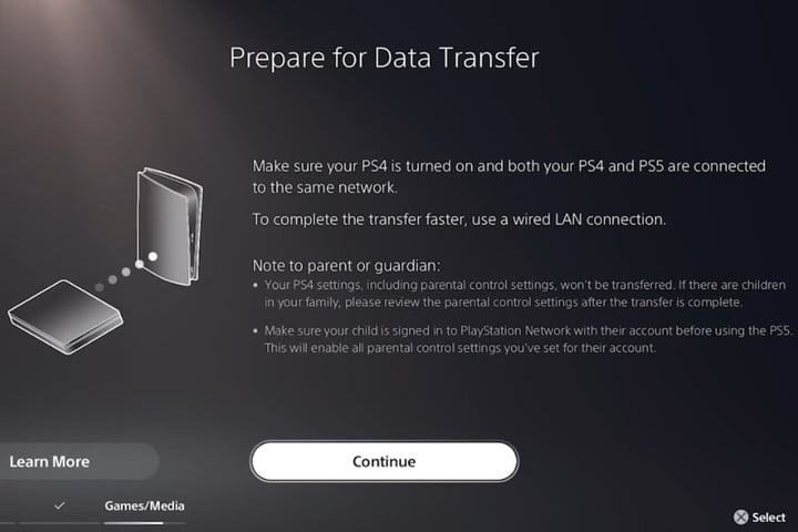 A tela de preparação para transferência de dados no PlayStation 5.