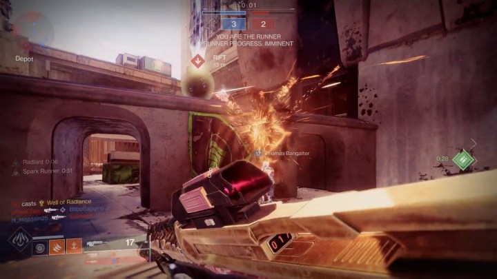 Fire burns as a guardian rushes an objective in the closing seconds of a Destiny 2 match.