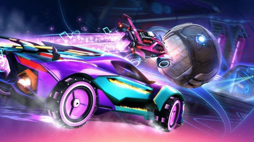 Two cars race to hit the ball in Rocket League.