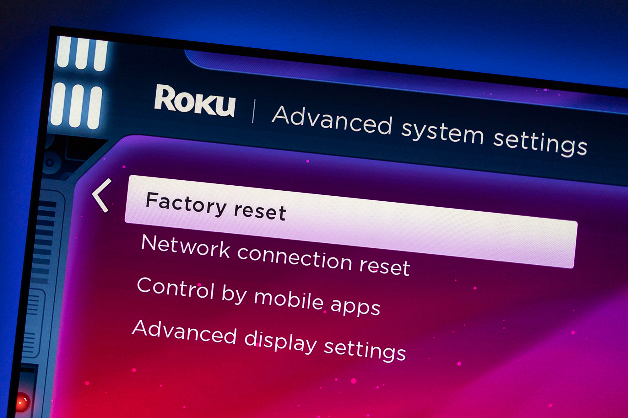 The Roku factory reset screen.