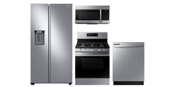 Samsung Refrigerator, Microwave, Gas Range, and dishwasher lined up on a white background.