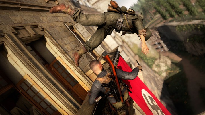 A Nazi gets thrown out a window in Sniper Elite 5.