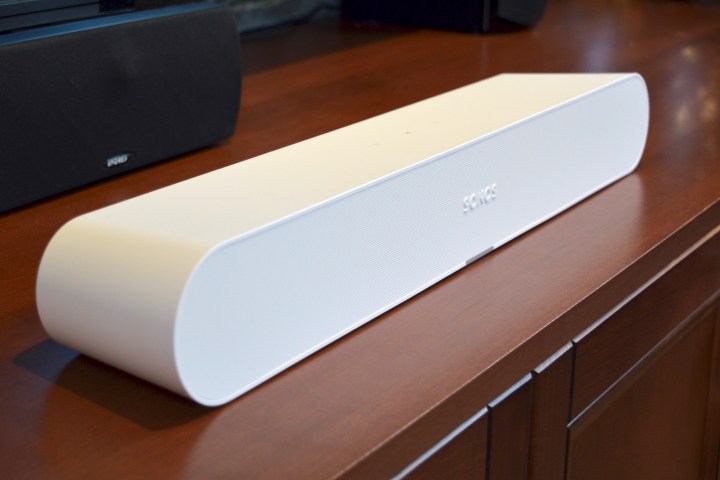 Angled view of The Sonos Ray soundbar in white.