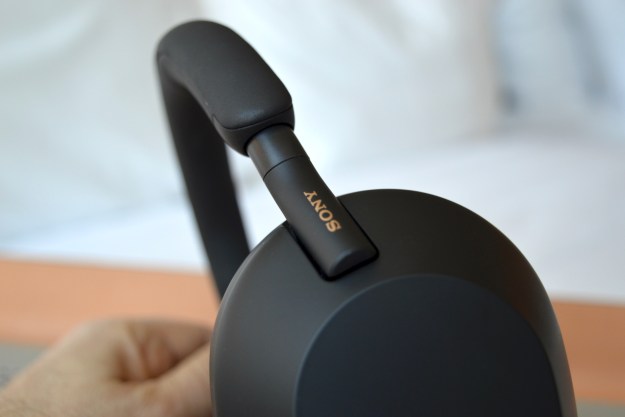 Close-up of earcup on Sony WH-1000XM5 wireless headphones.