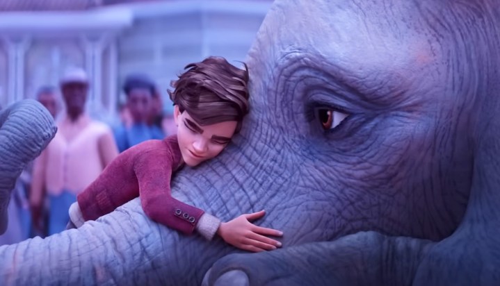 A boy hugs an elephant in The Magician's Elephant.