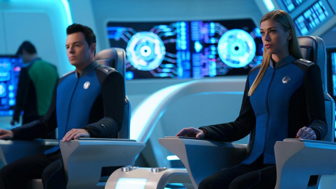 Two crew members in their seats on The Orville: New Horizons on Hulu.