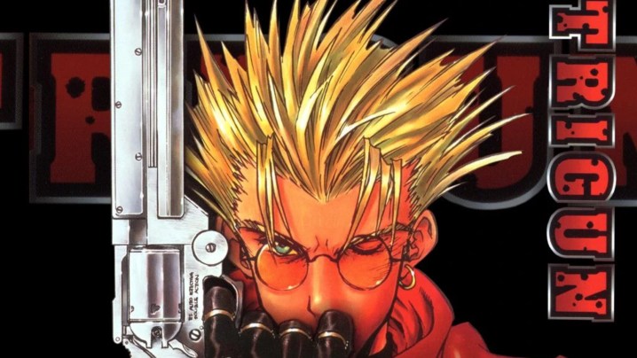 Vash holding up his gun in Trigun anime key art.
