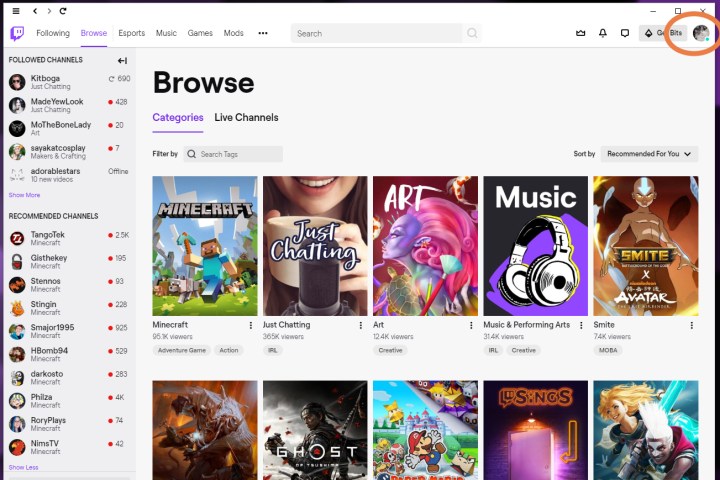 The Twitch Browse menu.