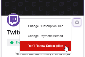 گزینه Do Not Renew Twitch Subscription.