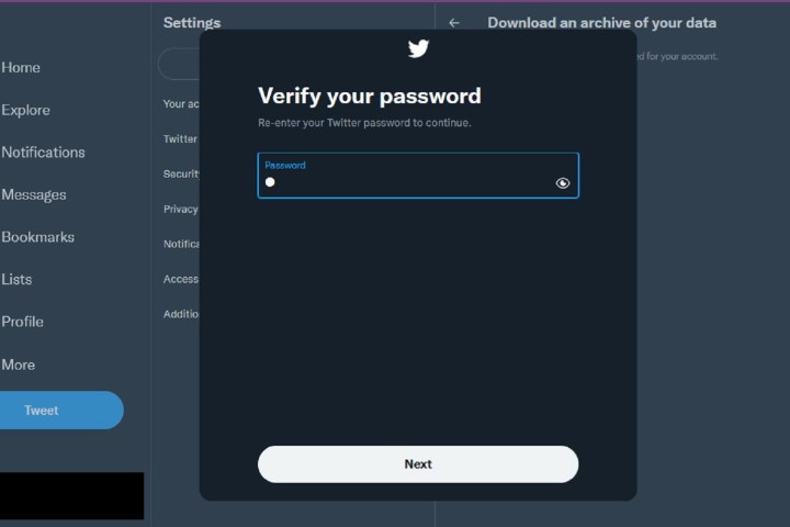 The verify password screen on the Twitter desktop website.