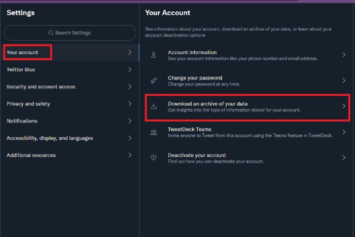 Selecting the Download an archive option from the Your Account screen on the Twitter desktop website.