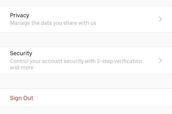 Uber app privacy settings.