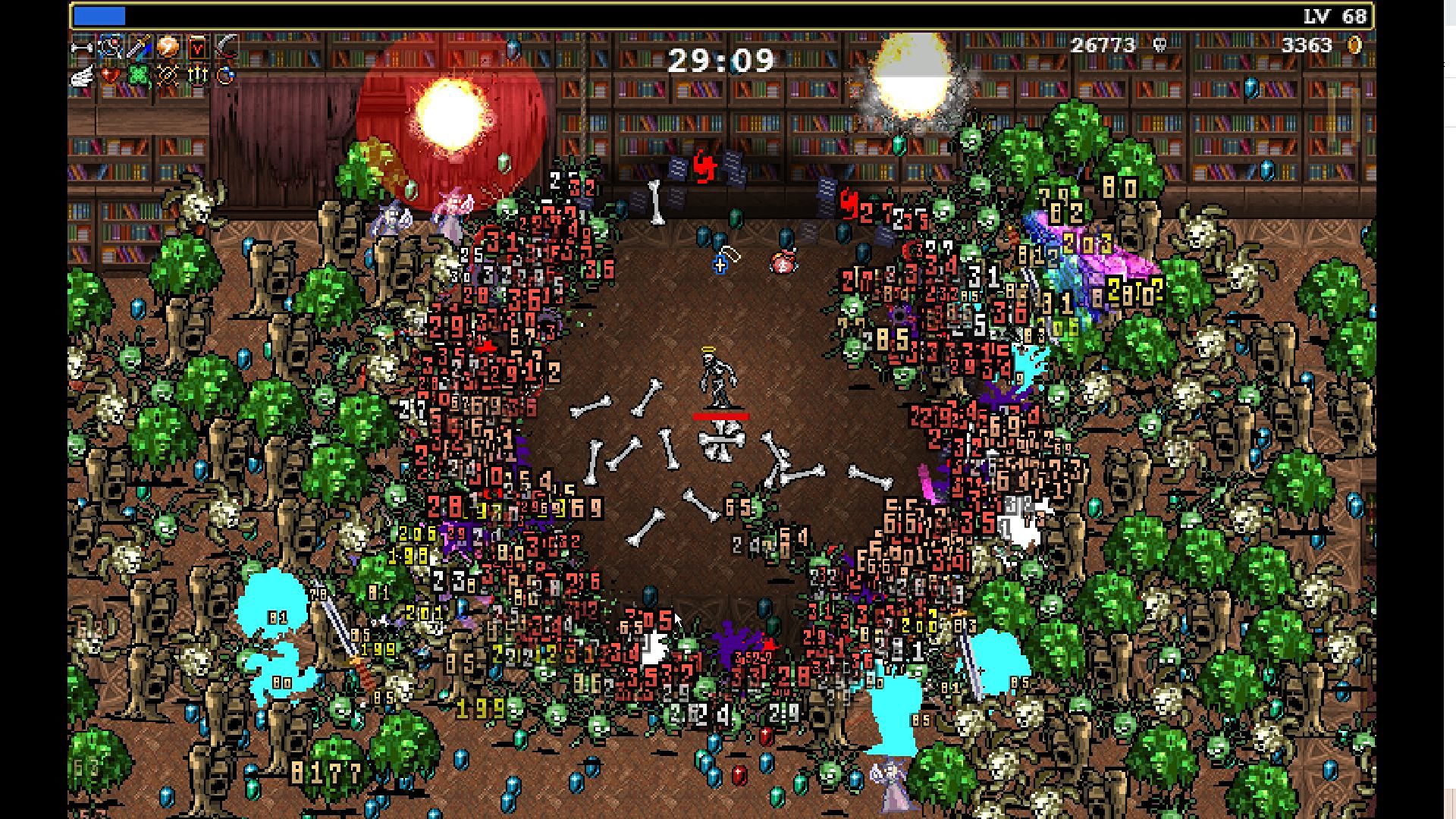 Captura de tela de uma horda de monstros atacando em Vampire Survivors.
