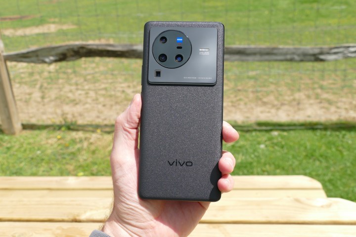 The Vivo X80 Pro held in a man's hand, seen from the back.