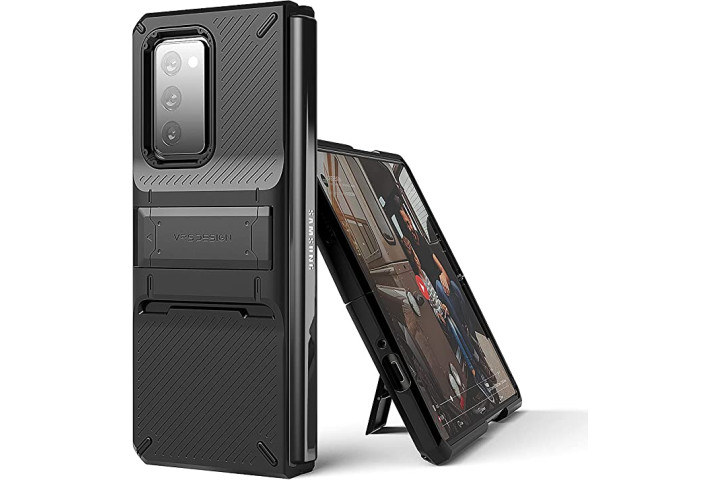 VRS Design QuickStand Pro case in black for Galaxy Z Fold 2 showing the fold-out kickstand.