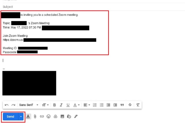 A copy and pasted Zoom meeting invitation in a Gmail draft message.