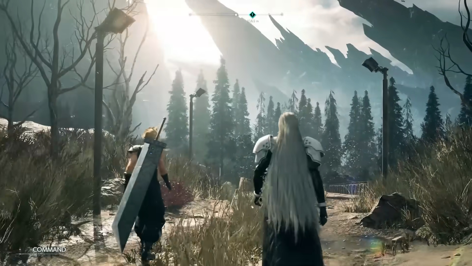 Cloud e Sephiroth caminhando em direção a uma ponte.