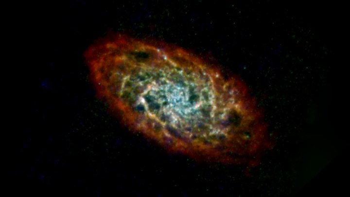 La Galaxia del Triángulo, o M33, se representa aquí en las longitudes de onda de luz infrarroja lejana y de radio.