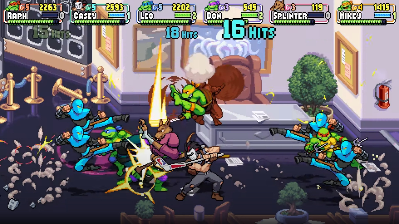 Leonardo, Michaelangelo, Casey Jones, Splinter e Raphael lutando contra ninjas de pé.