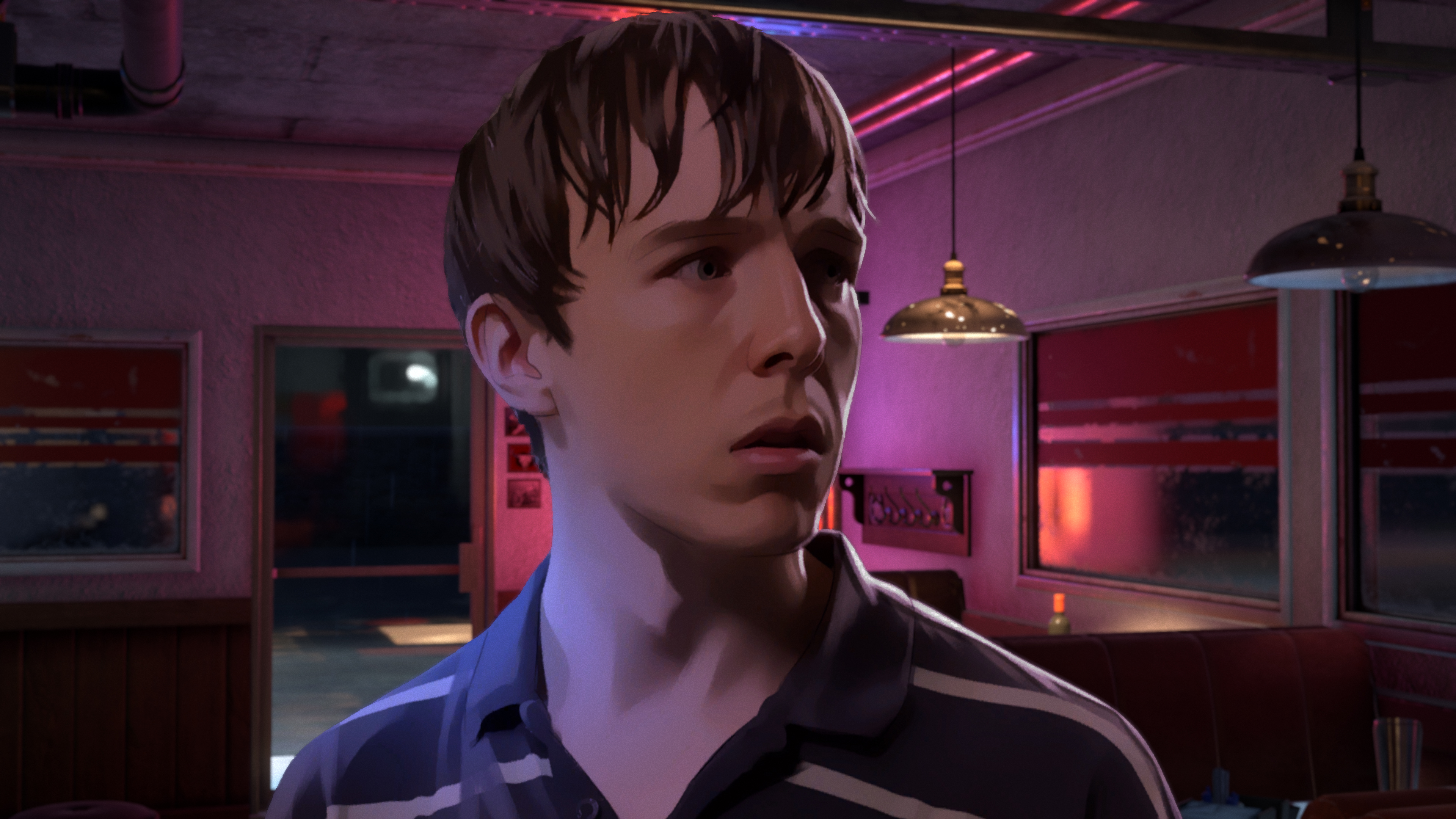 An As Dusk Falls character looks concerned in the diner at night.