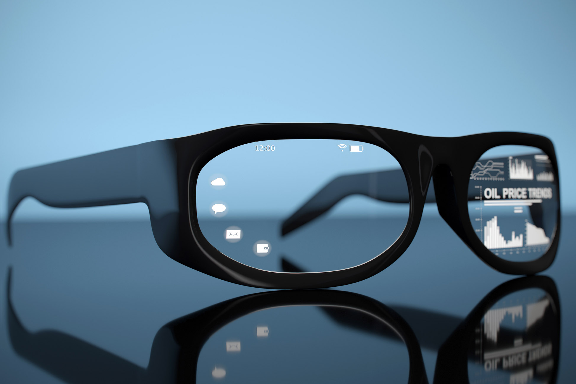 Conceito digital close-up de óculos inteligentes com interface gráfica do usuário.