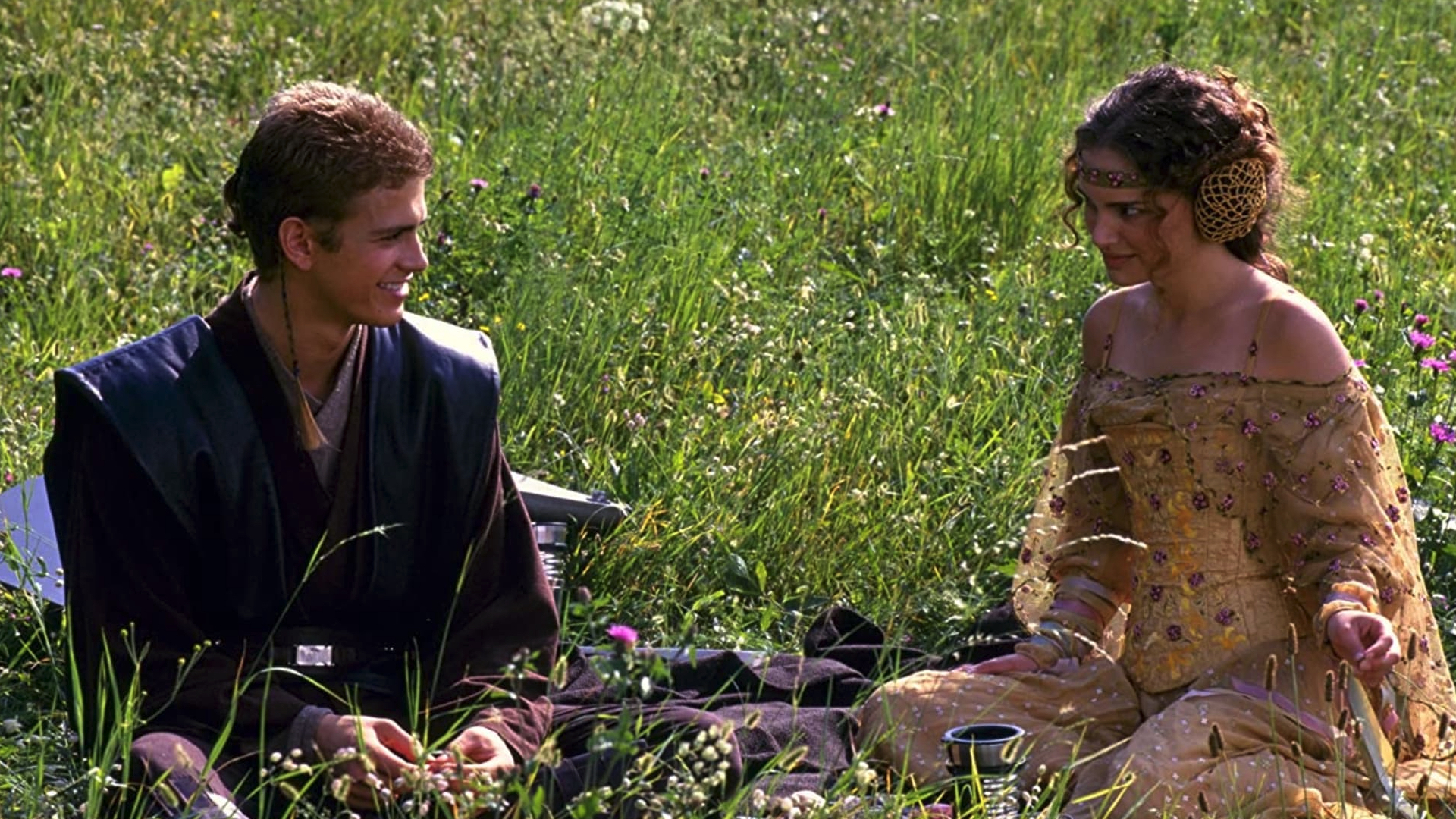 Anakin and Padme look at each other in Attack of the Clones.