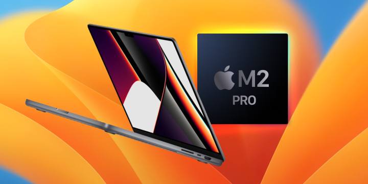 Apple MacBook Pro con sfondo Ventura e rendering M2 Pro