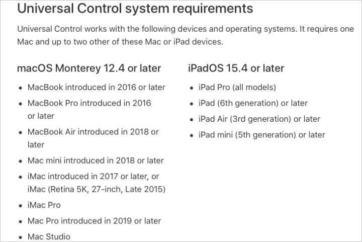 Universal Control supported devices from Apple.