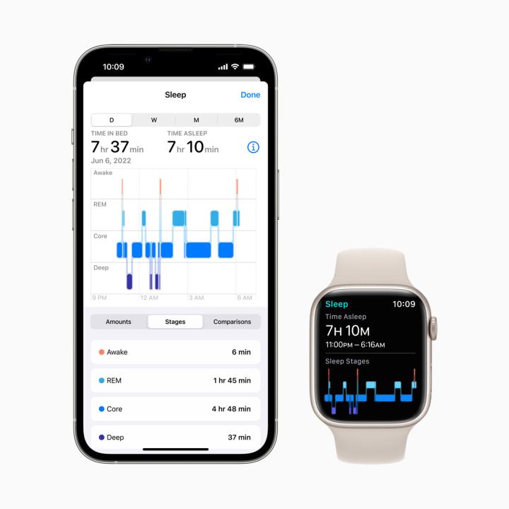 L'app Sleep in esecuzione su iPhone e Apple Watch.
