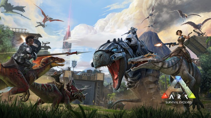 Arte promozionale di Ark: Survival Evolved con personaggi che combattono tra loro con i loro dinosauri.