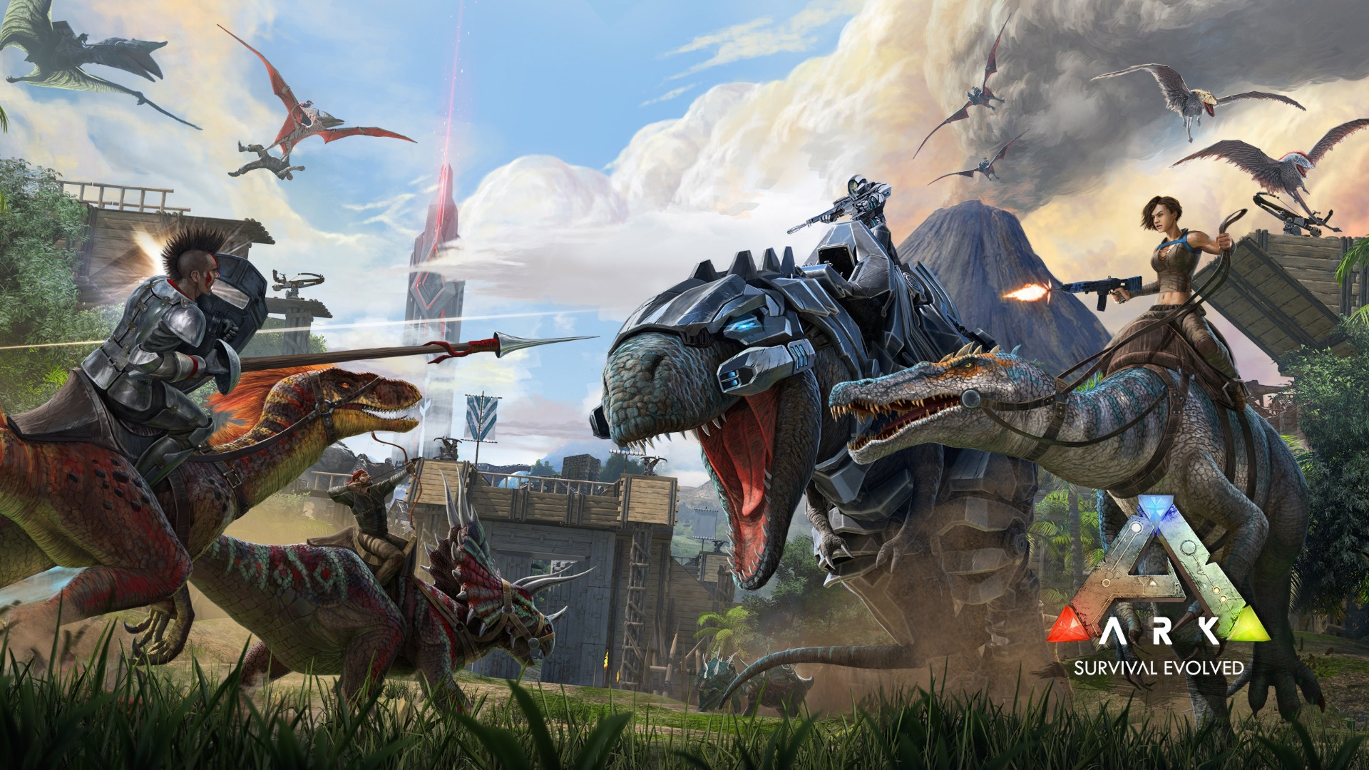Arte promocional de Ark: Survival Evolved com personagens lutando entre si com seus dinossauros.