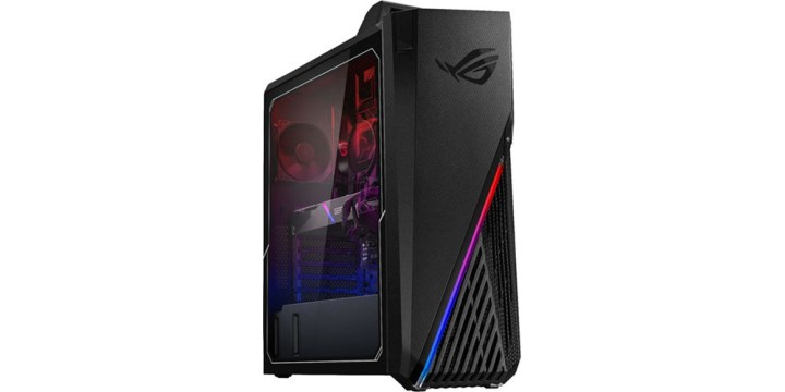 Asus ROG gaming desktop on a white background while placed at a side angle.