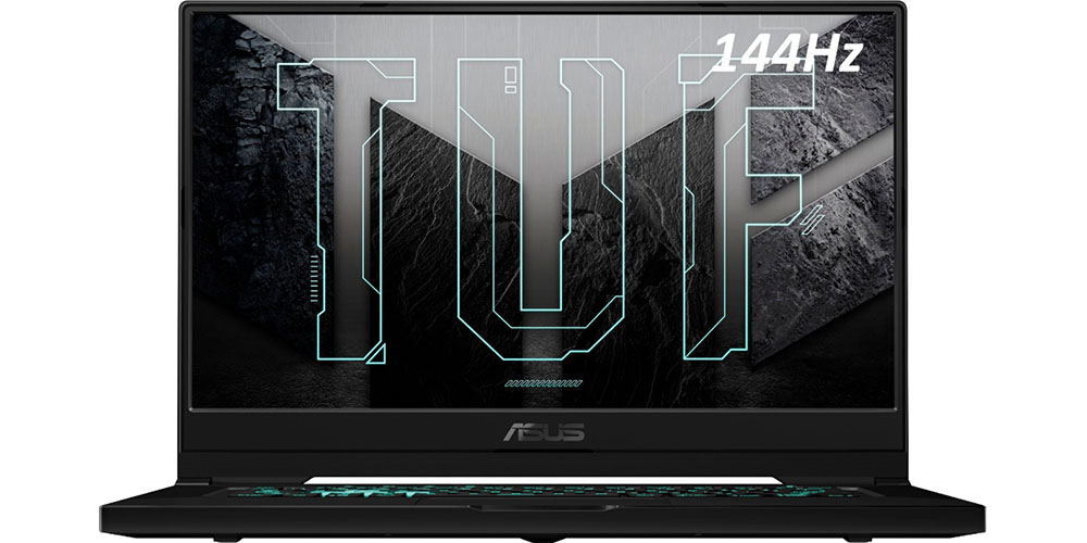 Laptop para jogos Asus TUF Dash de 15,6 polegadas em um fundo branco.