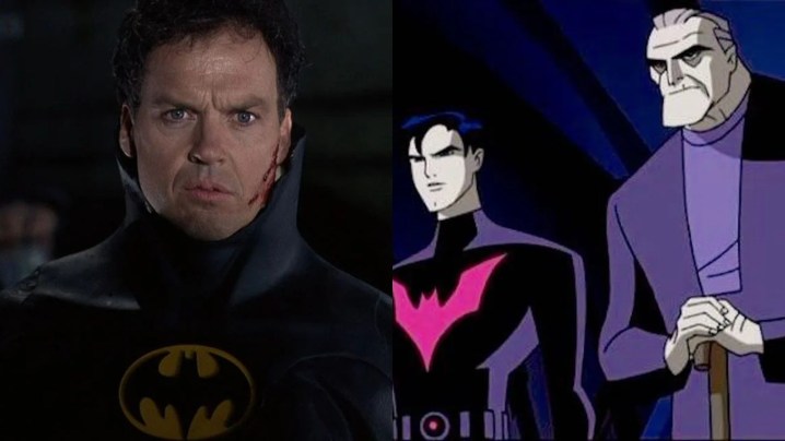 Imagem dividida de Michael Keaton como Batman desmascarado e Terry como Batman com Bruce no DCAU.