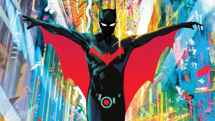 Capa variante de Christian Ward para Batman Beyond: Neo Year apresentando as asas de Batman estendidas com Gotham ao fundo.