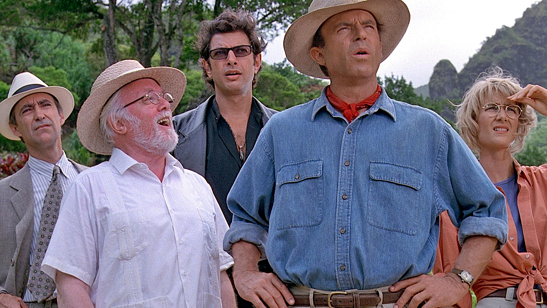 O elenco de Jurassic Park de Steven Spielberg.