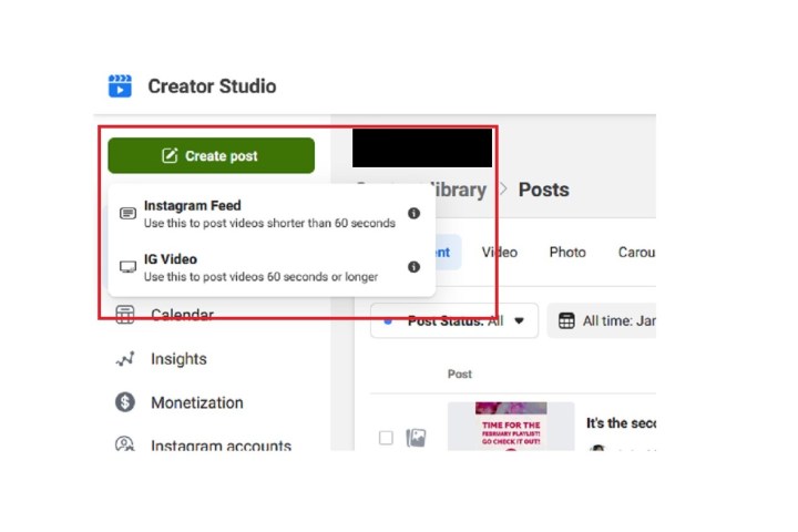 Creator Studio Create Post button and resulting menu.