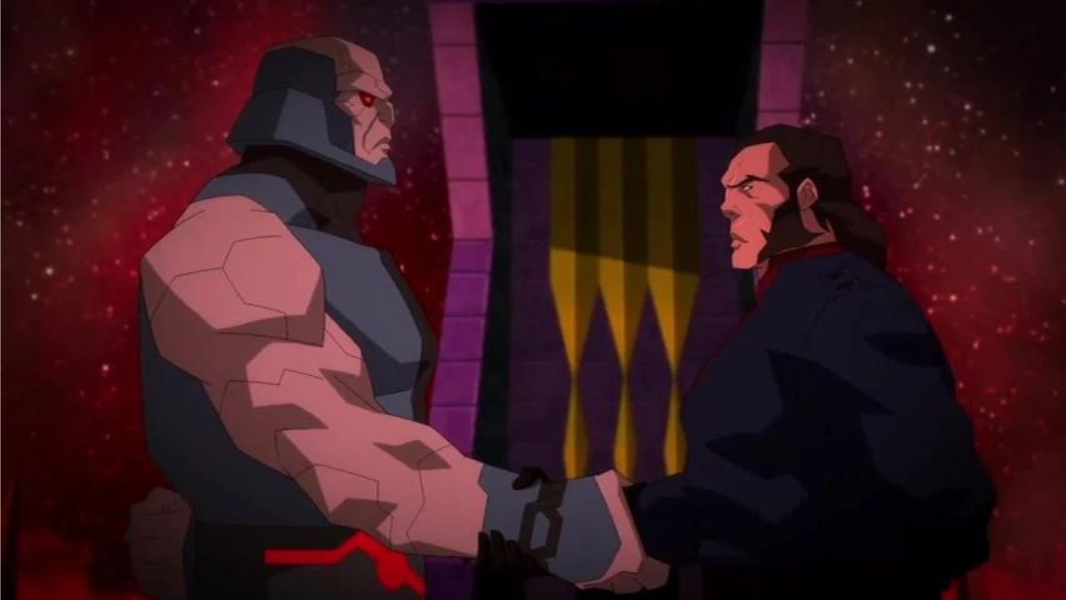 Darkseid e Vandal Savage apertando as mãos em Young Justice Phantoms