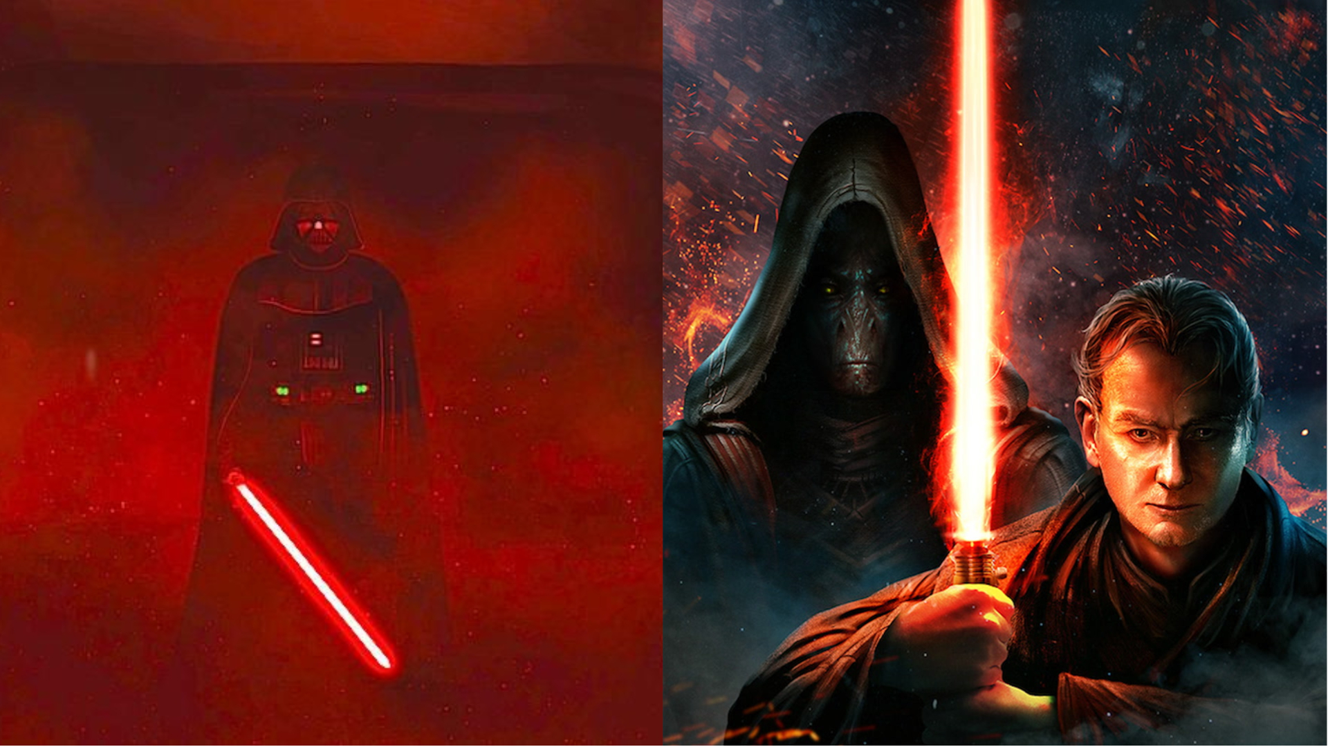 Imagem dividida de Darth Vader e Palpatine com seu mentor Plagueis atrás dele.