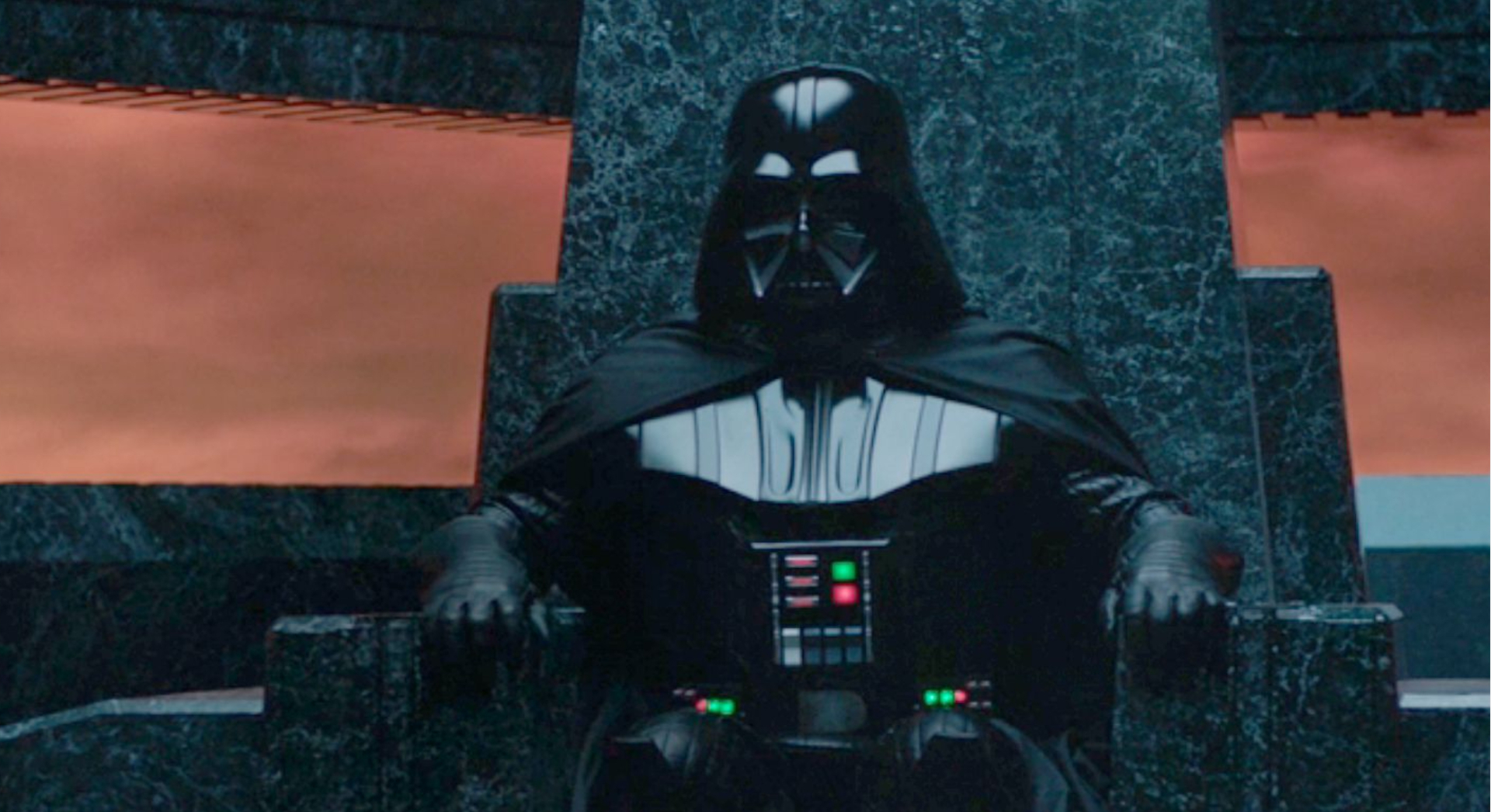 Darth Vader sitting in his throne at Fortress Vader in "Obi-Wan Kenobi."