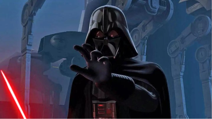 Darth Vader empunhando seu sabre de luz e usando a Força em Star Wars: Rebels.
