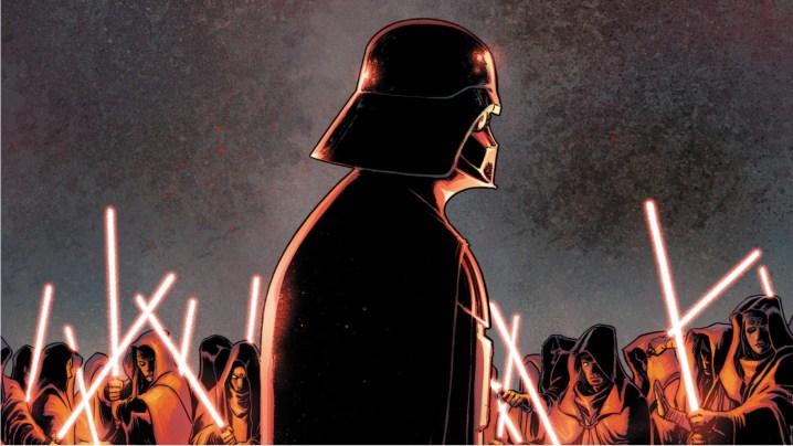 Arte da capa da série de quadrinhos de Darth Vader com o vilão cercado por portadores de sabres de luz.
