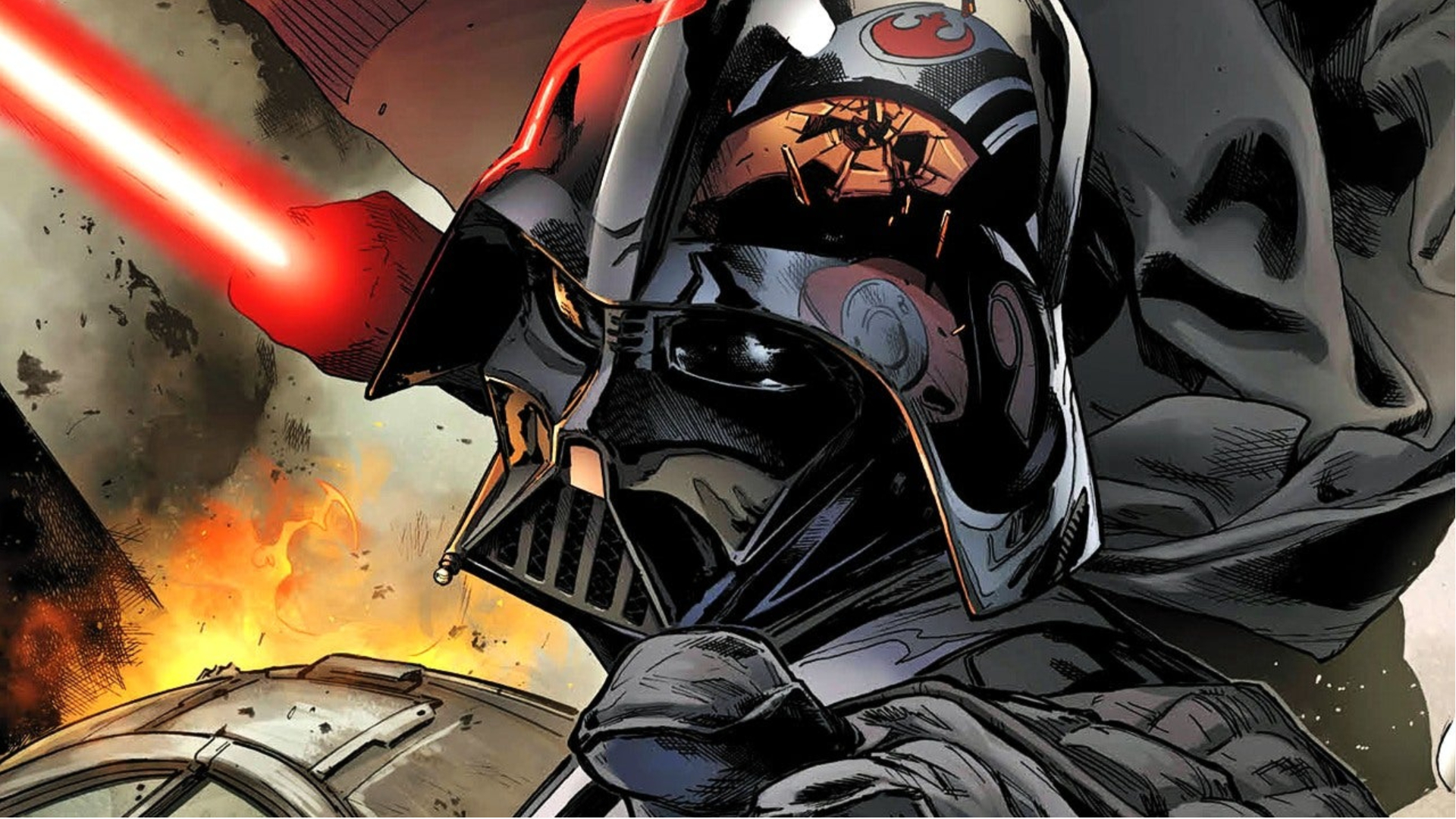 Arte da capa de quadrinhos de Darth Vader derrubando um soldado rebelde.