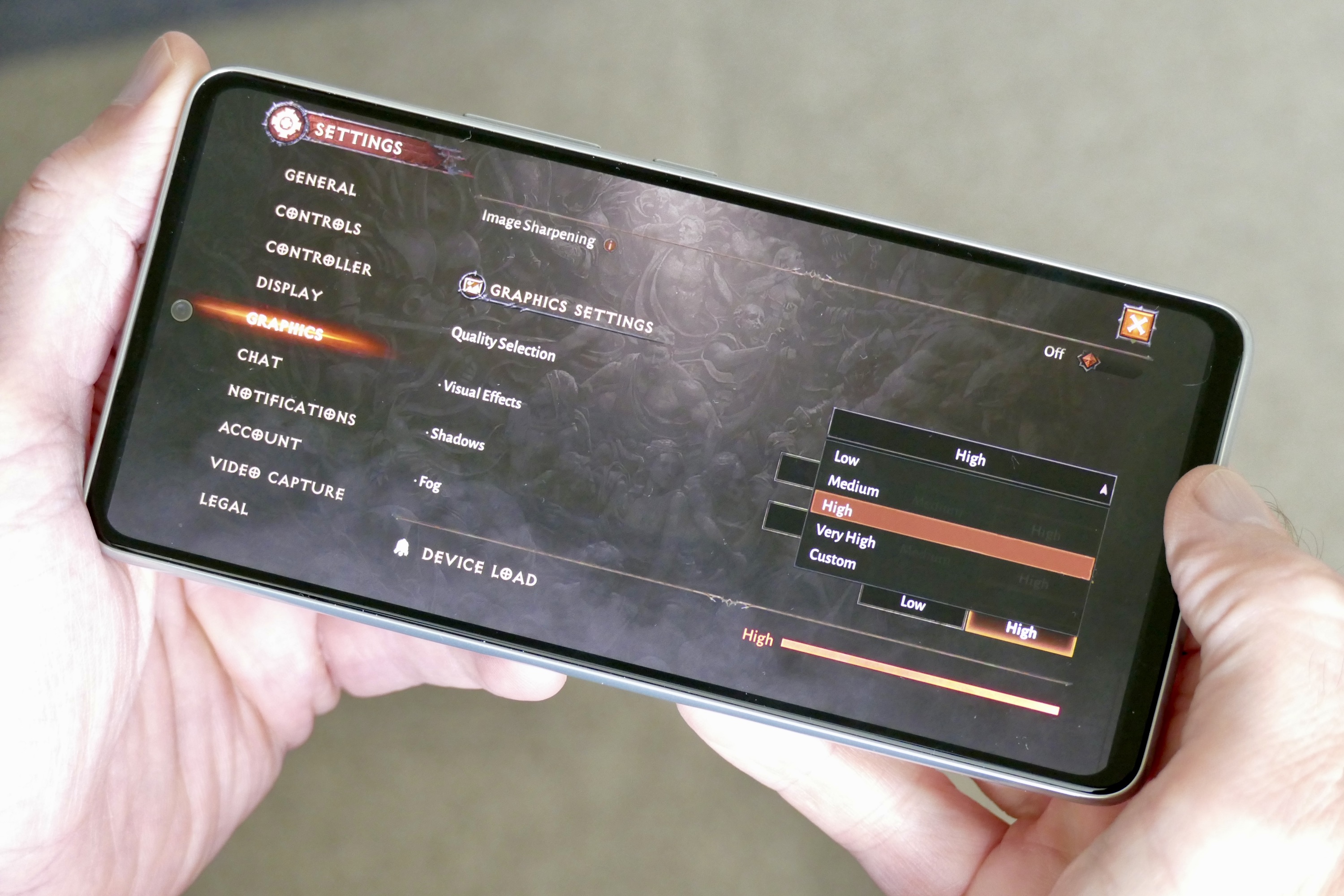 Configurações gráficas de Diablo Immortal no Samsung Galaxy A53.